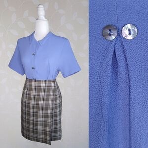 Vintage 90s Crepe Drapey Shell Button Front Short Sleeve Collared Blouse Blue S